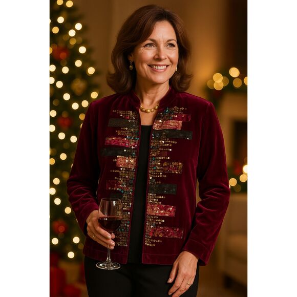 Chico’s Jacket M Burgundy Velvet Silk Blend Sequin Button Up Retro Glam Holiday - Picture 1 of 7